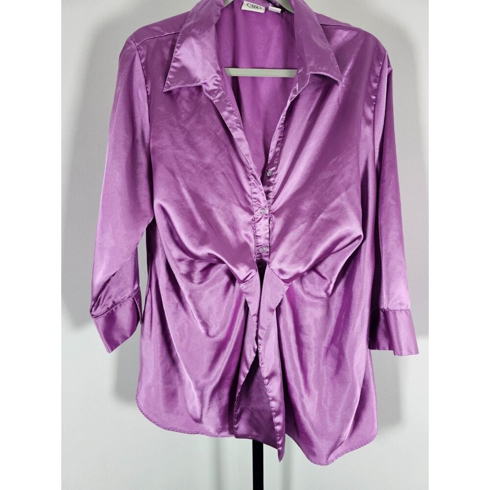 CATO Long Sleeved Silk Button Down Top-Purple-18/20W